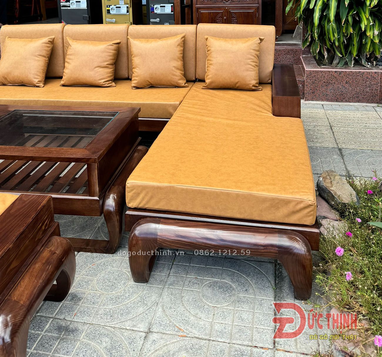 SOFA SỒI  GÓC L  CHÂN HƯU - MÀU GỖ ĐỎ - NỆM