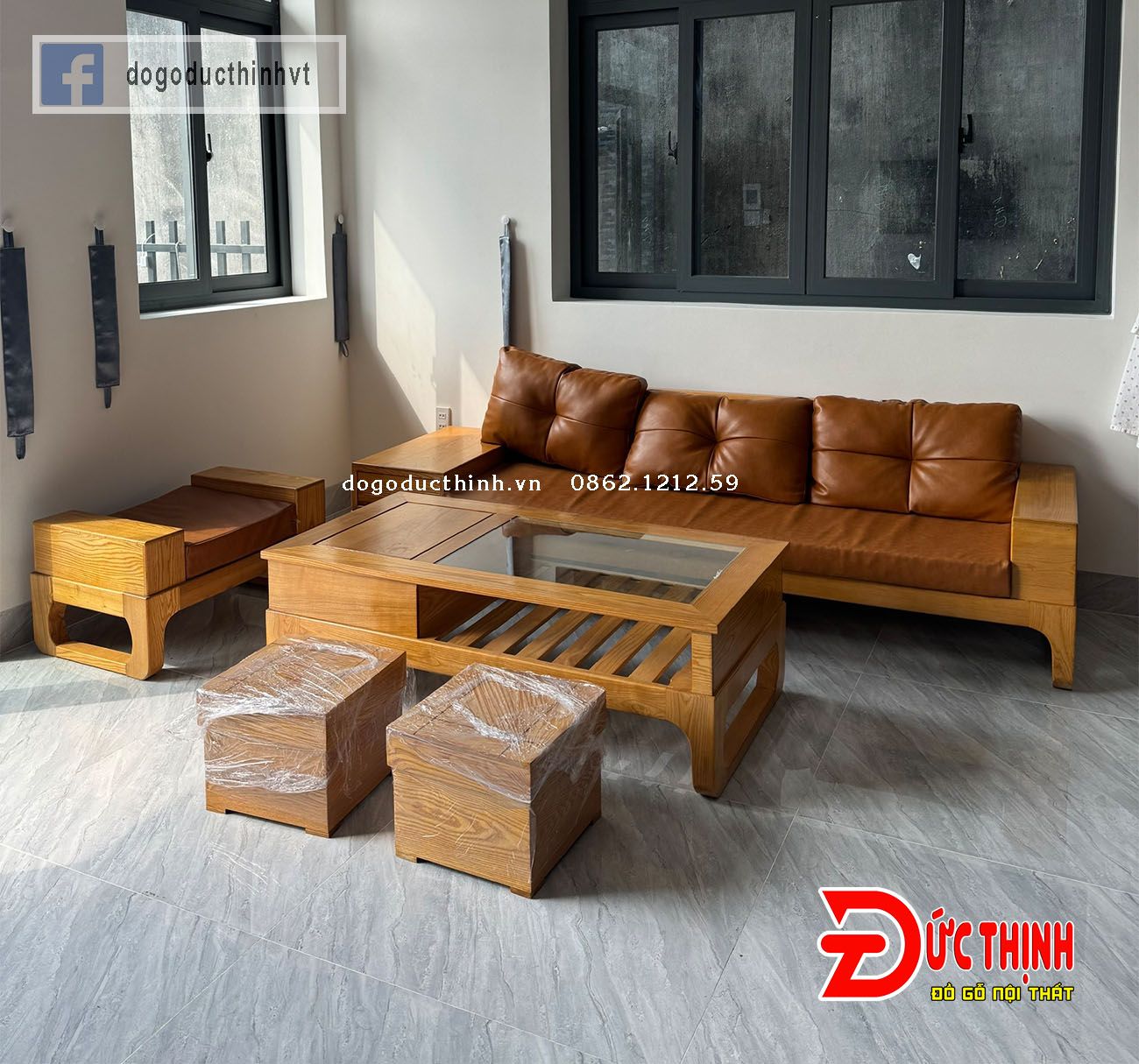 Sofa gỗ sồi Nga mẫu 2 văng nhỏ  sơn màu gỗ đỏ  5 món