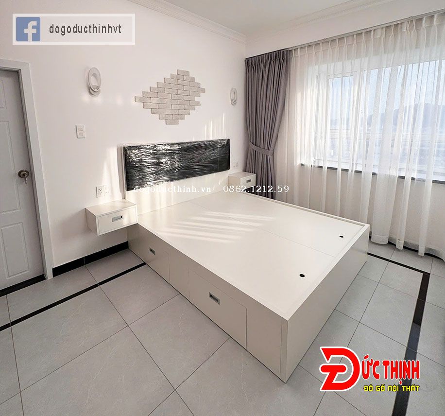 Giường ngủ gỗ MDF hiện đại  màu trắng  có ngăn kéo (size lớn)