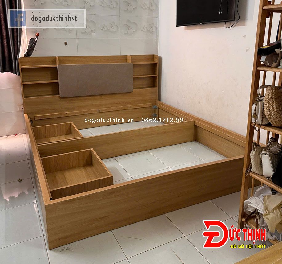 GIƯỜNG NGỦ GỖ MDF HIỆN ĐẠI  CÓ KỆ SÁCH và NỆM ĐẦU GIƯỜNG