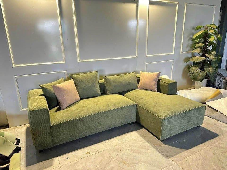 Sofa chữ L bọc nỉ màu xanh rêu