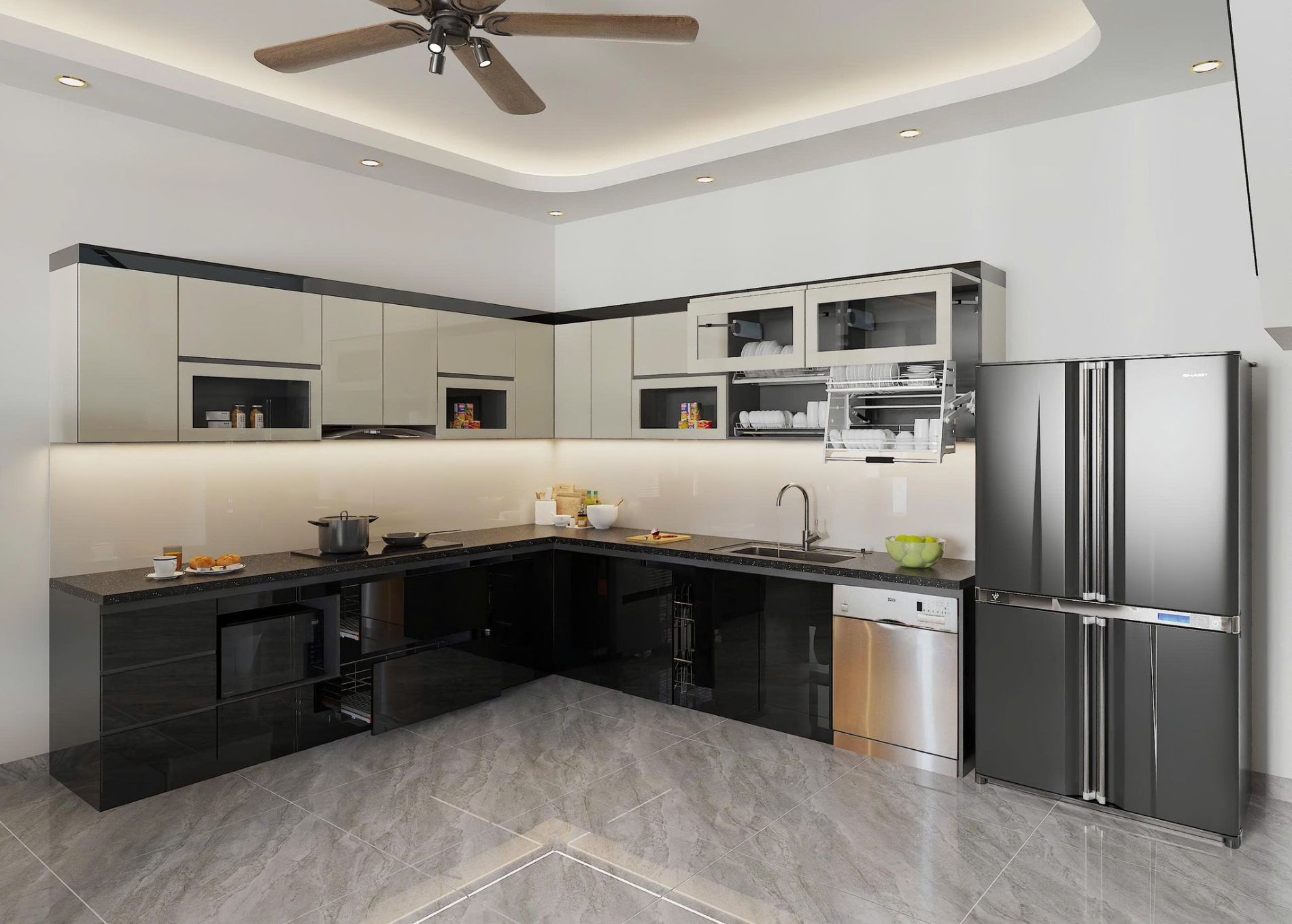 Thi công tủ bếp chữ L hiện đại 