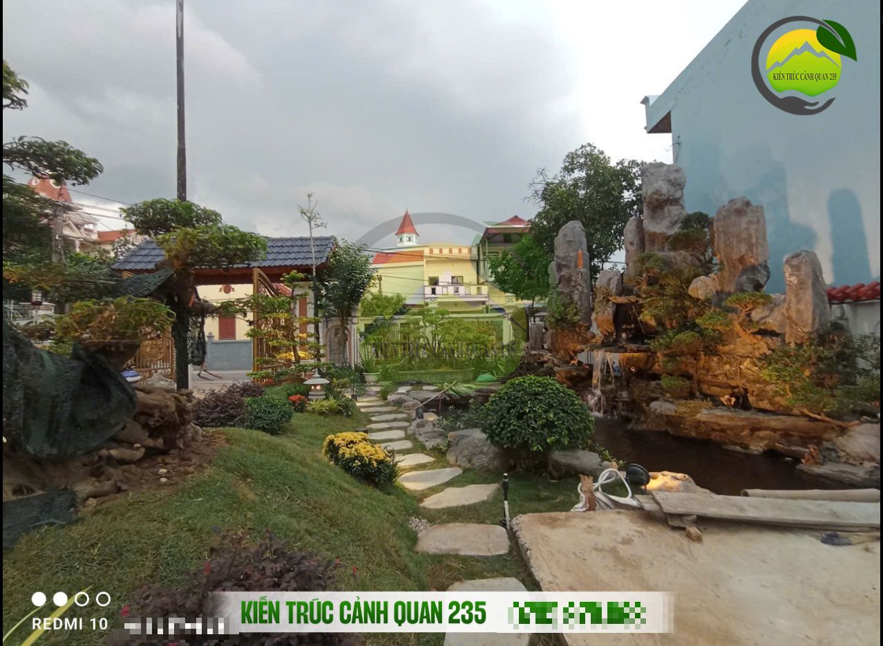 Thi công cảnh sân vườn kết hợp hòn non bộ