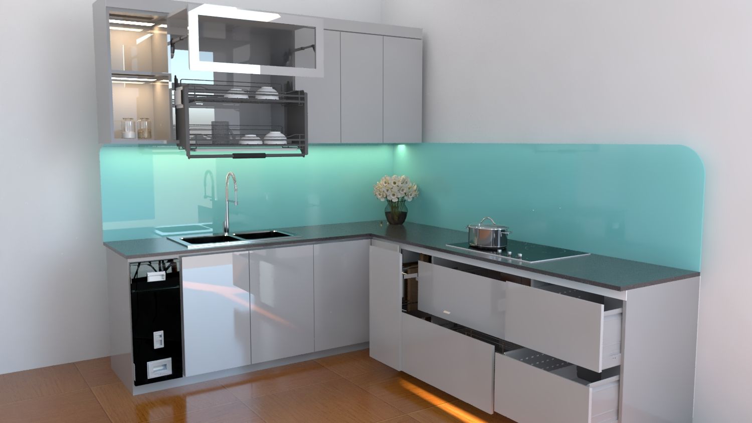  Tủ bếp nhựa chữ L hiện đại