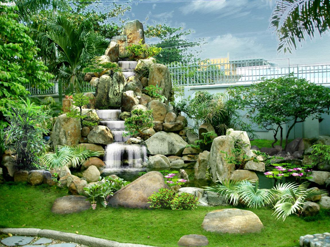 Thiết kế sân vườn tiểu cảnh kết hợp hòn non bộ và thác nước