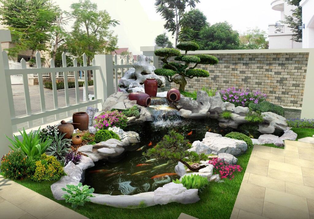 Thiết kế sân vườn tiểu cảnh hồ cá Koi 