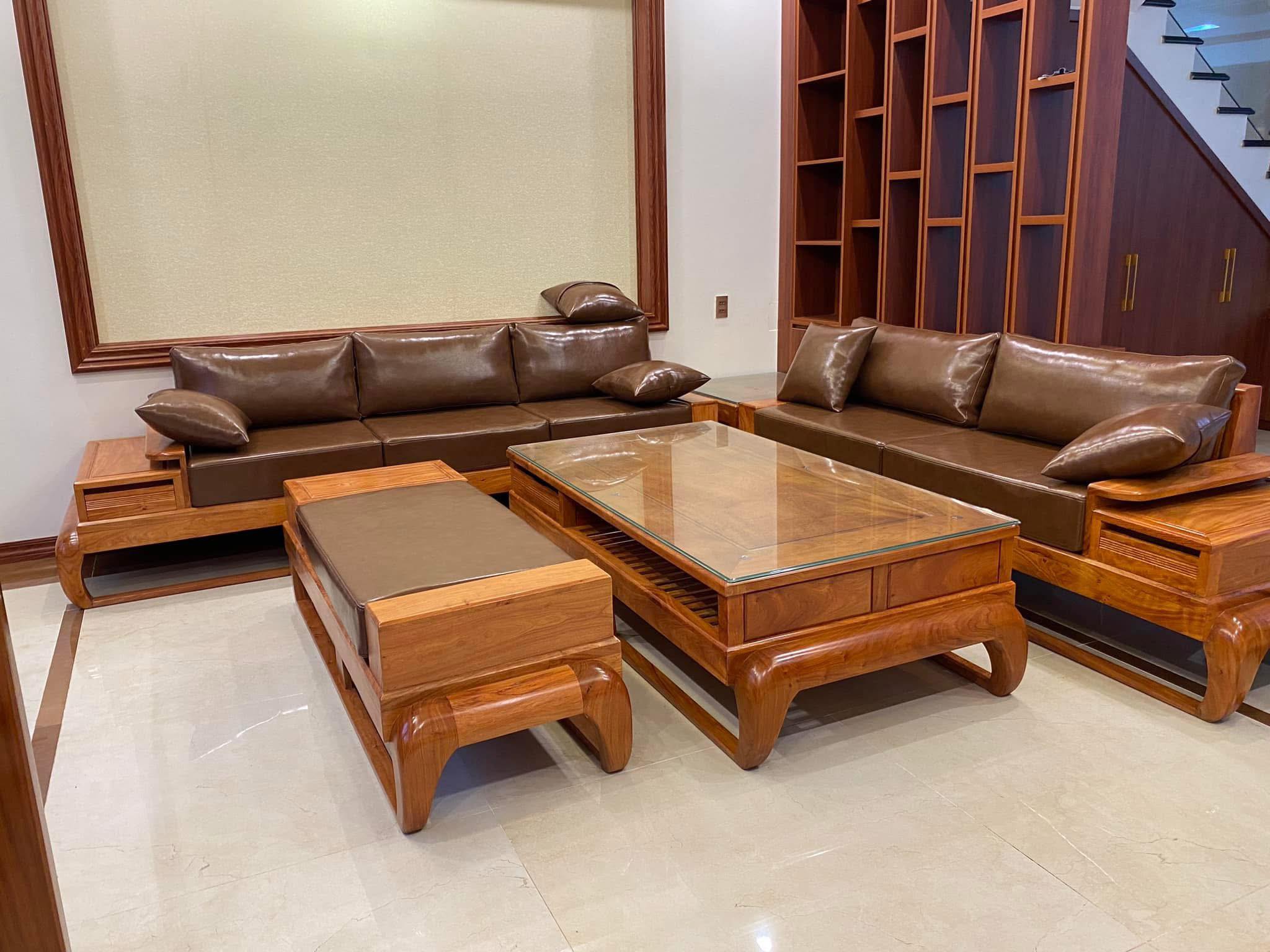 Bộ sofa gỗ kết hợp nệm da hiện đại
