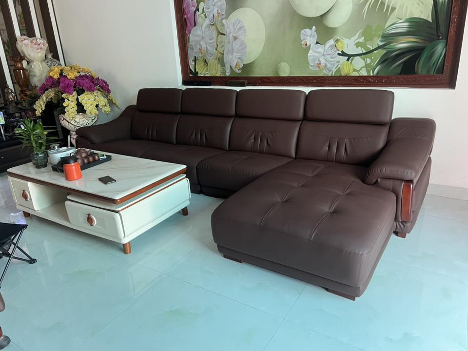 Sofa chữ L bọc lại da màu nâu
