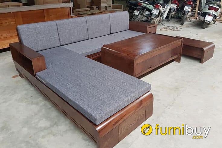 Đệm ghế gỗ chữ L bọc vải xám nhạt