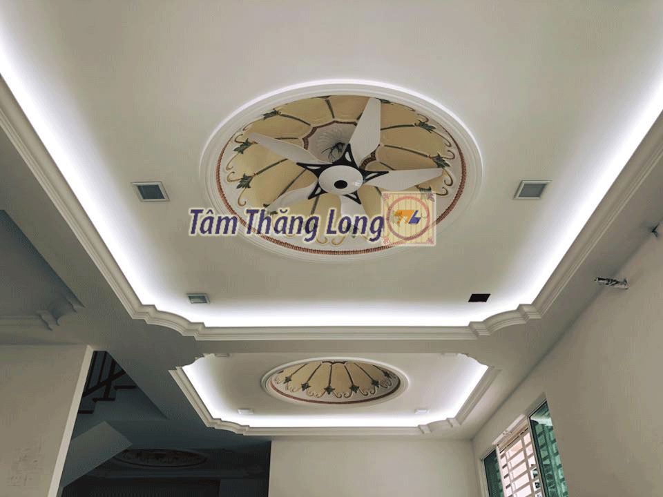 Trần thạch cao giật cấp kết hợp hoa văn tròn