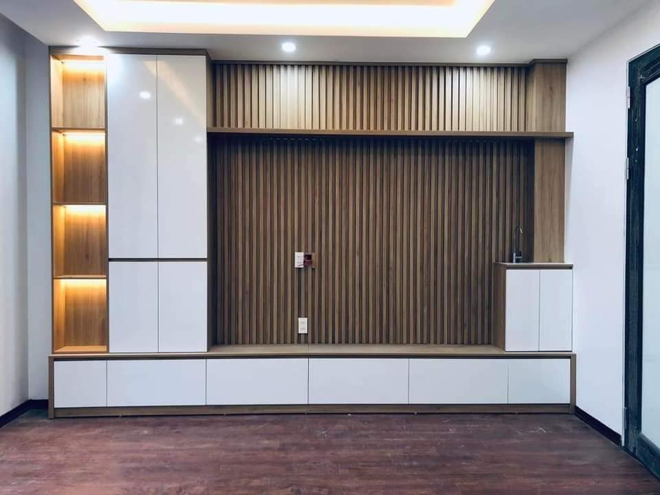 Kệ tivi kết hợp vách nan gỗ