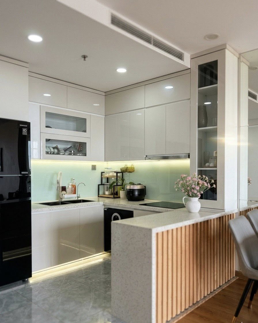 Tủ bếp chữ U kịch trần