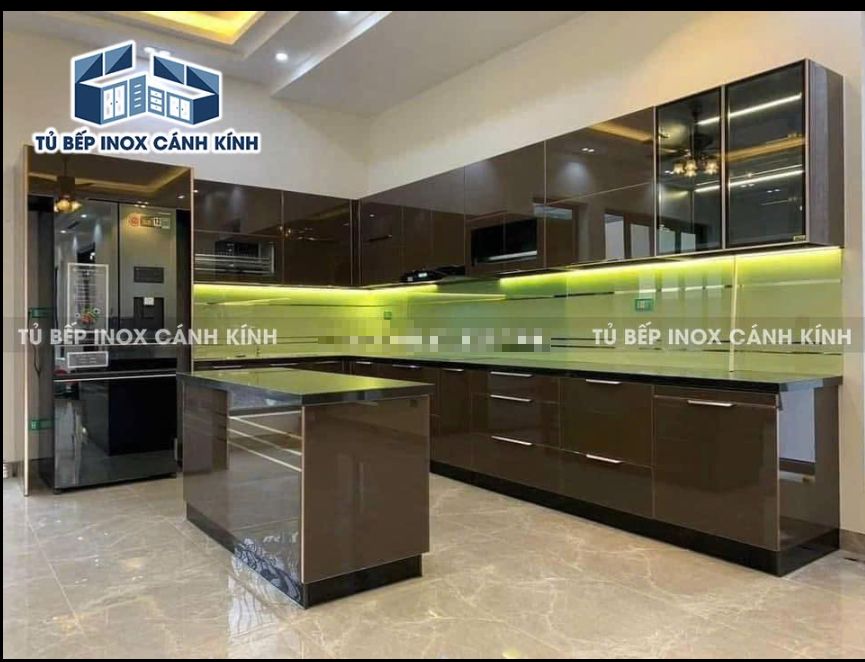 Tủ bếp inox cánh kính chữ L 