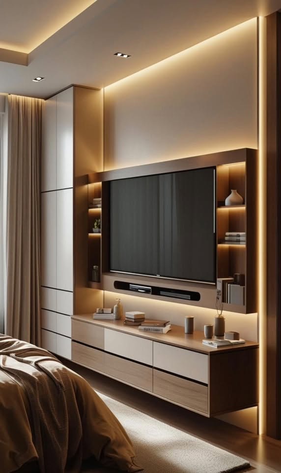 Hệ tủ TV tích hợp tủ lưu trữ phòng