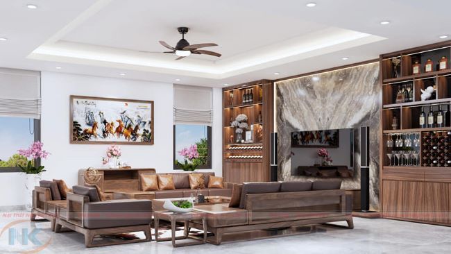 Thiết kế phòng khách gỗ óc chó tự nhiên