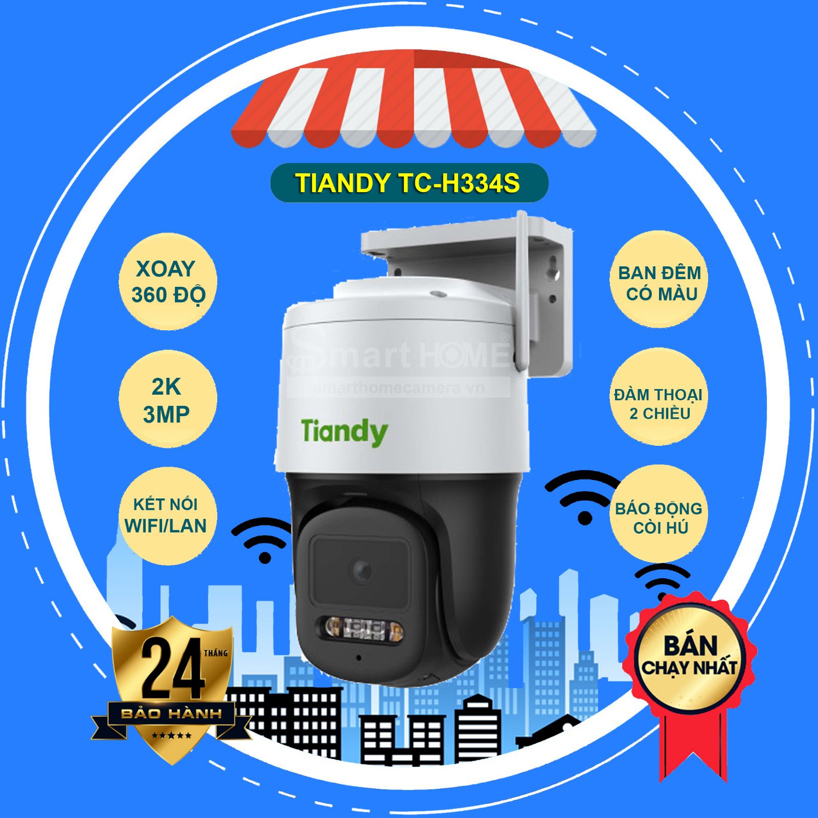  Camera Wifi Tiandy TCH334S 3MP QHD Ban đêm có màu  Đàm thoại 2 chiều