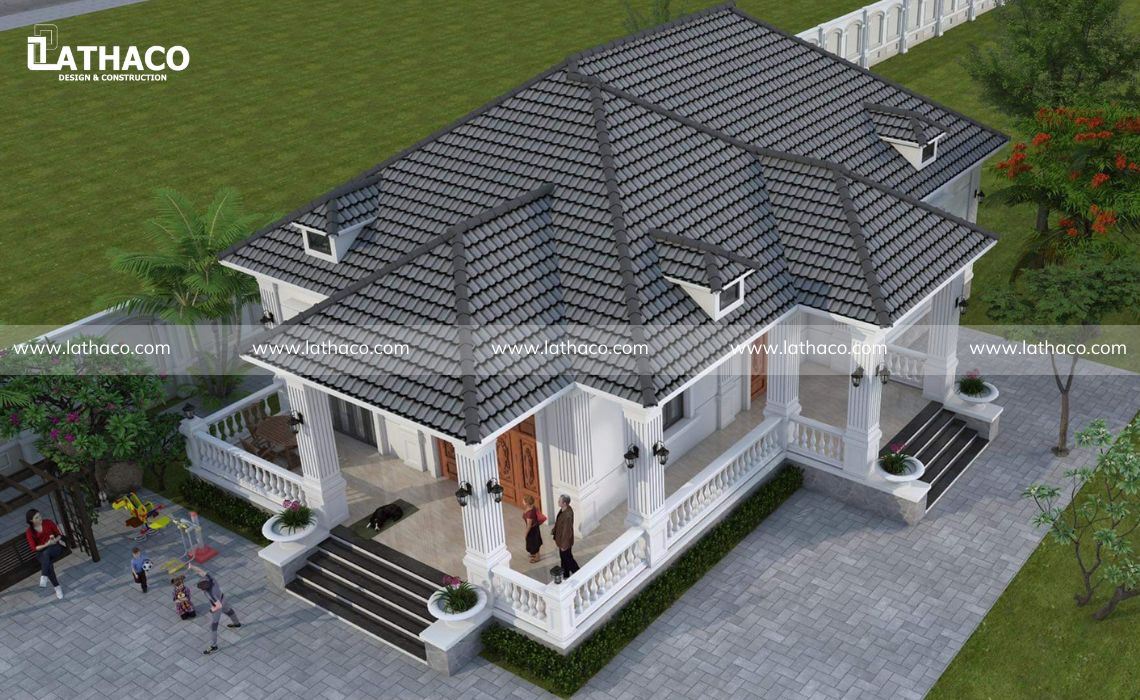 Bản vẽ phối cảnh thiết kế nhà câp 4 mai Thai từ trên cao 