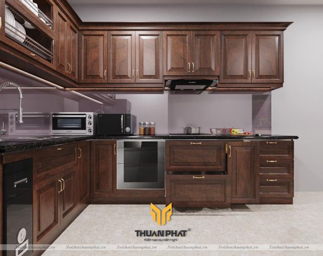 Tủ bếp inox cánh gỗ Óc Chó