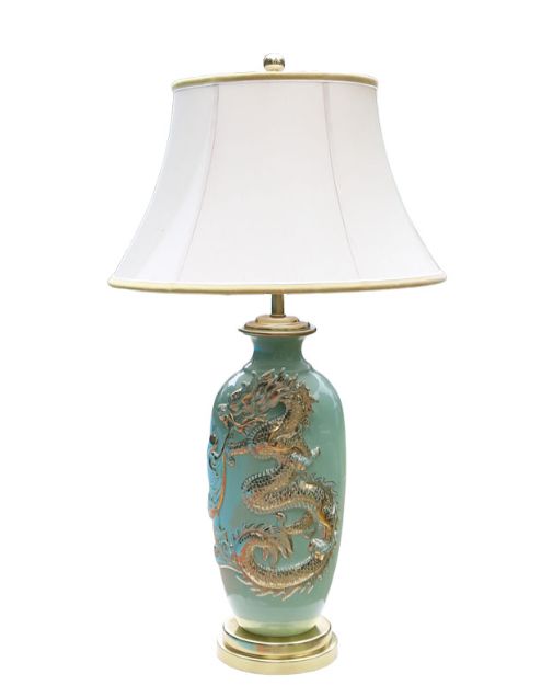 Đèn Gốm Bát Tràng Xanh Ngọc Hoạ Tiết Rồng  Sen