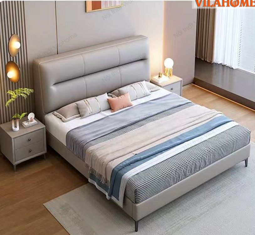 Mẫu giường ngủ đẹp bọc nệm màu xám