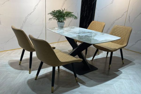 Bộ Bàn Ăn 4 Ghế Loft Mặt Đá Chân X