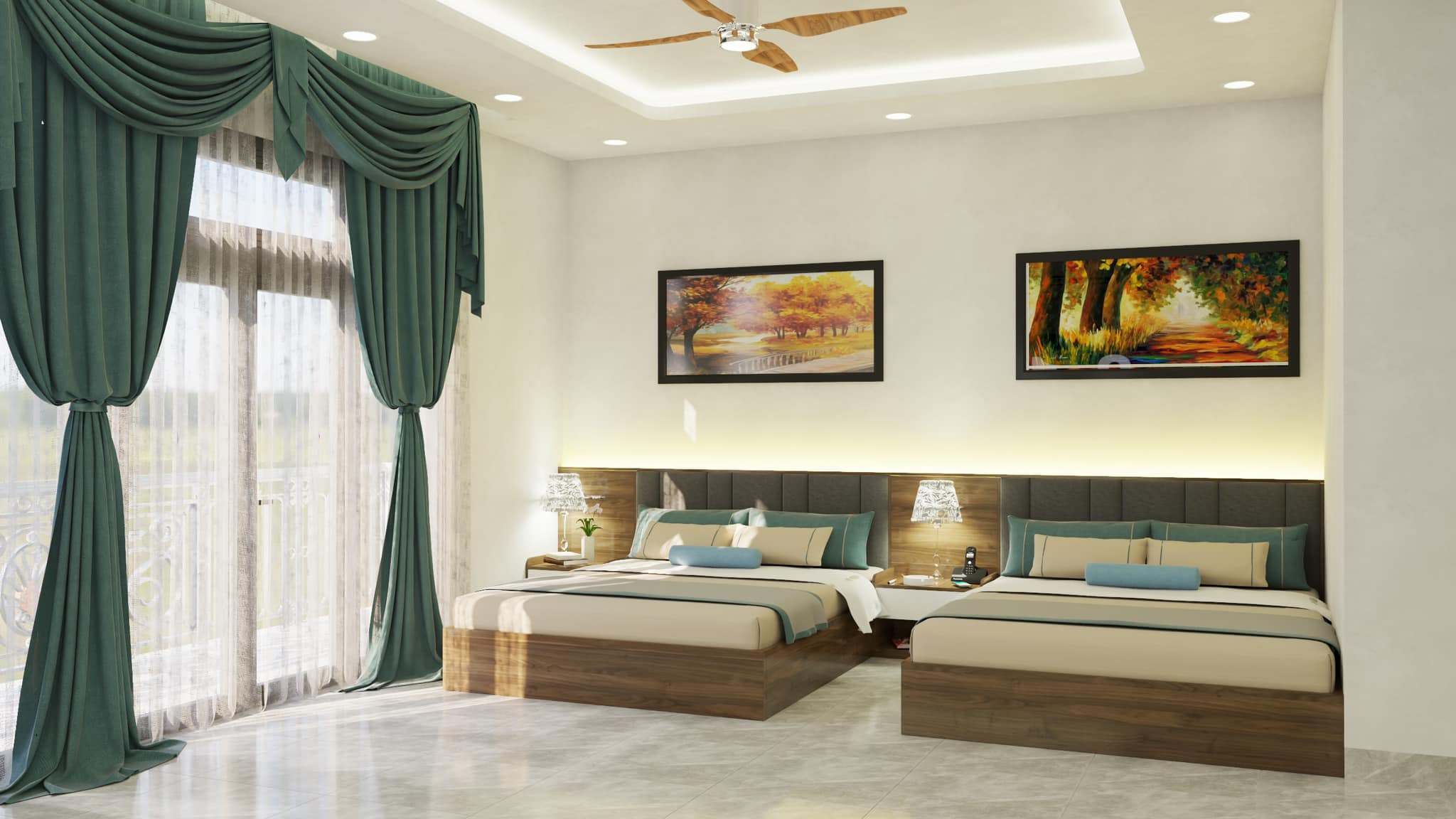 Thiết kế nội thất phòng với hai giường ngủ 